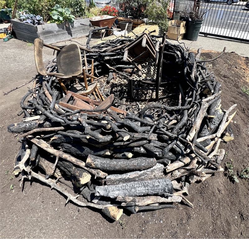 installation - nest made from burnt branches filled with 5 small chairs